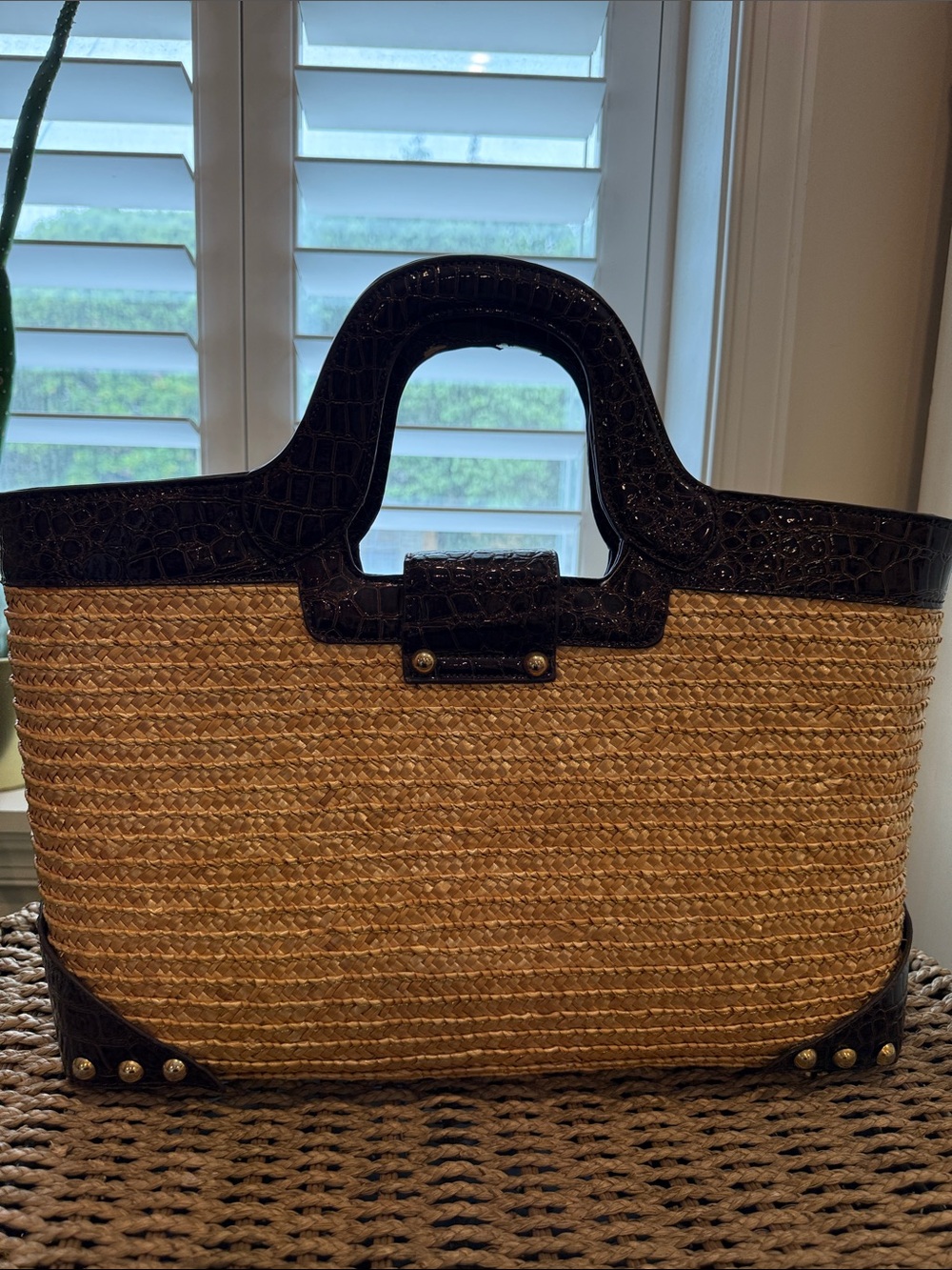 Woven Straw Tote with Dark Brown Croc-Effect Trim and Elephant Accent - Picture 3 of 7